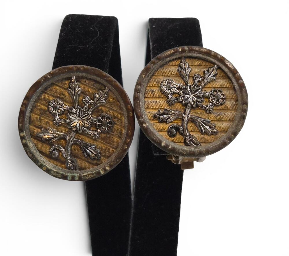 Vintage Floral Clip On Earrings Rustic Patina Round Disc 1 Inch